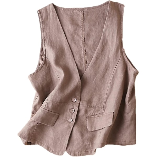 Kvindes Bomuldslinned Vest, Casual Løstsiddende V-hals Ærmeløs Vestjakke Khaki Khaki M