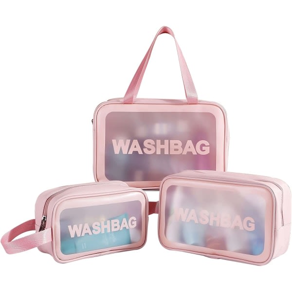 Gennemsigtig 3-delt make-up taske, vandtæt toilettaske, pink