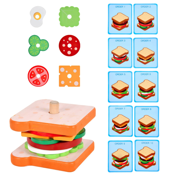 Toddler sortering av träsmörgåsar, montessorileksaker i 3 år, förskoleleksaker för finmotorik (smörgåsar)