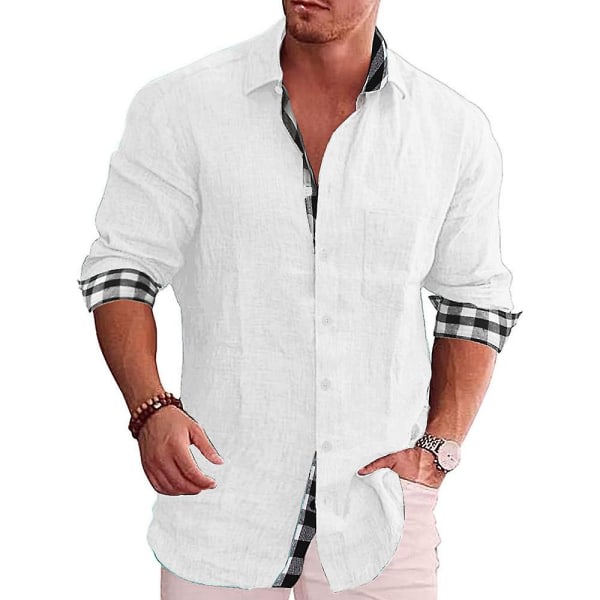 Herre Button Down Lapel Neck Plaid Casual Business Shirt Toppe Hvid XL