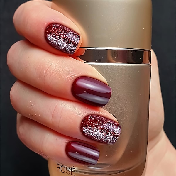 24 st Fall Press On Nails Glansiga Korta Fyrkantiga Falska Naglar Röda Falska Naglar Med Glitter Design Cover Burgundy Akryl Naglar Lim På Naglar