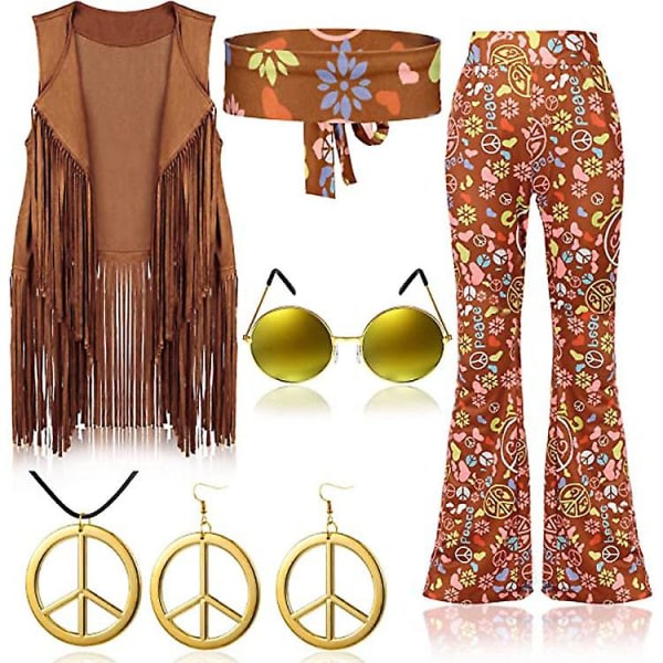 70-luvun hippibileet retroasu tupsuliivi+housut+huivi puku Camel väri L