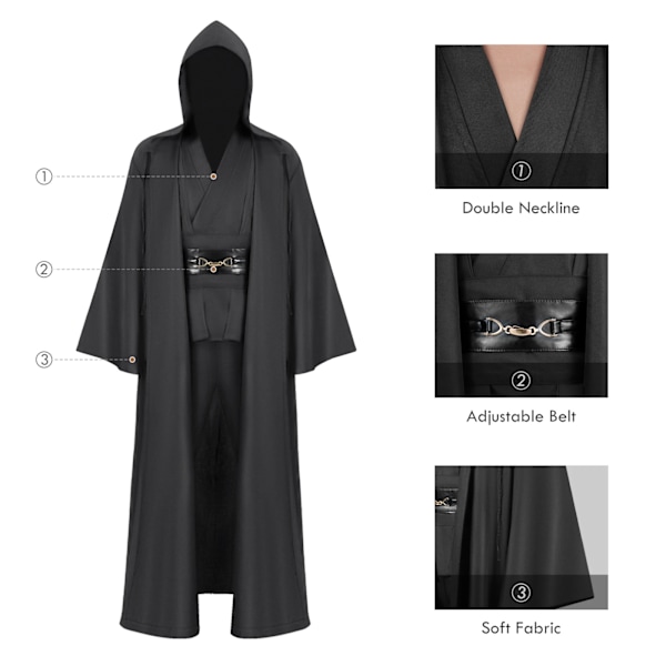 Mub- Obi wan Kenobi Premium Cosplay Kostyme Svart Jedi Robe fra Star the Wars for Lightsaber Dueling Svart Svart Black L