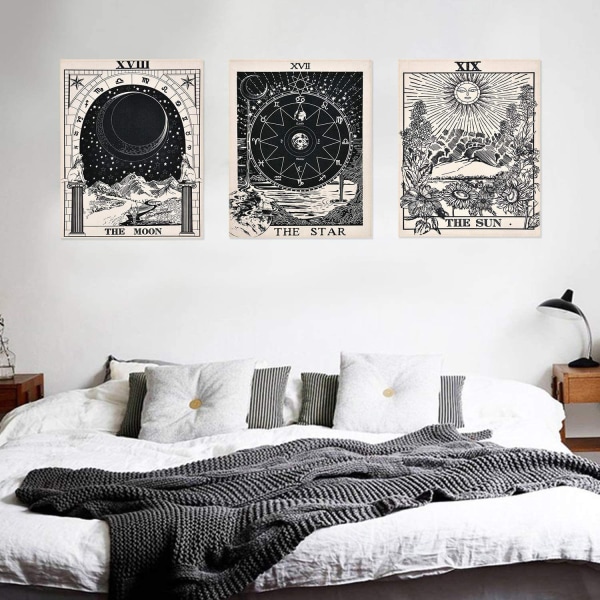 Veggoppheng, billedvevsett, solmåne- og stjerneteppe med spiker