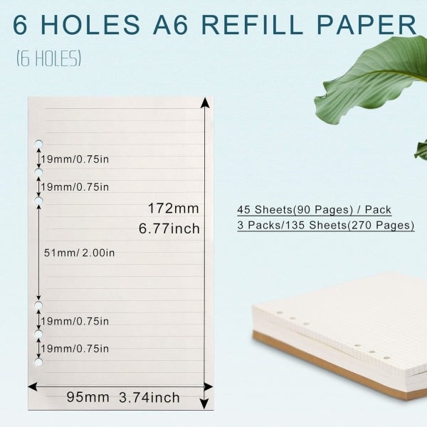 A6 påfyldningspapir, 3 förpackningar 100GSM tykt påfyllningsbart papir 6 håls fyllmedel Inlägg löst papper 135 ark (270 sidor)