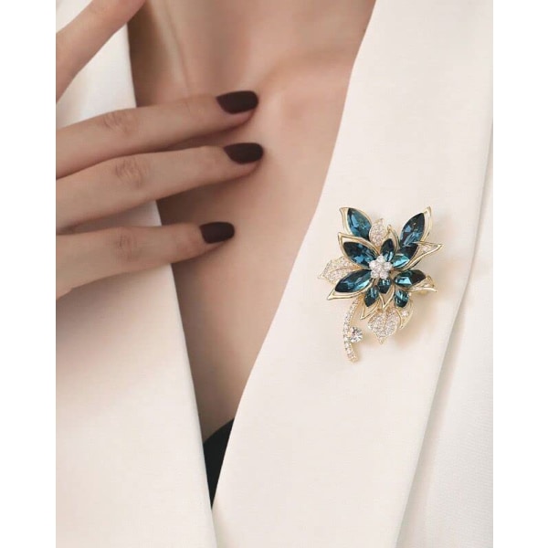 Blå Krystal Broche Pins Rhinestone Flower Elegant
