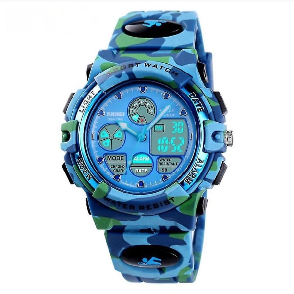 Boys Girls Waterproof Outdoor Watch, Camouflage Pu Strap Kids Watch, Electronic Analog Quartz Watch With Alarm Stopwatchlight Blue