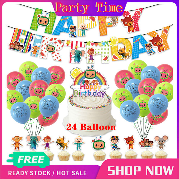 【Festtid】Cocomelon-aiheinen syntymäpäiväjuhla tarvitsee koristesarjan lapsille Poika Tytöt Lahja Hyvää syntymäpäivää Bannerit Kakkukoristetarvikkeet Cocomelon 30 Balloon