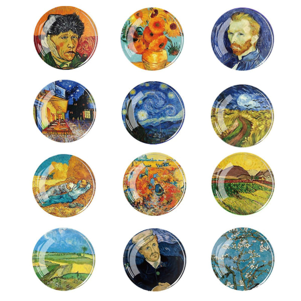 Van Gogh Oliemaleri Series Køleskabsmagneter, 12 Stk Multicolor Runde Klar Maleri Dekorer Magnet Brug til Køleskab, Kontortavle, Whiteboard, C