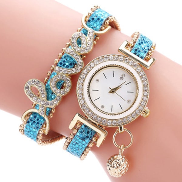 Kvinnors armbandsklockor Dam Love Läderrem Rhinestone Quartz Klocka Sky Blue