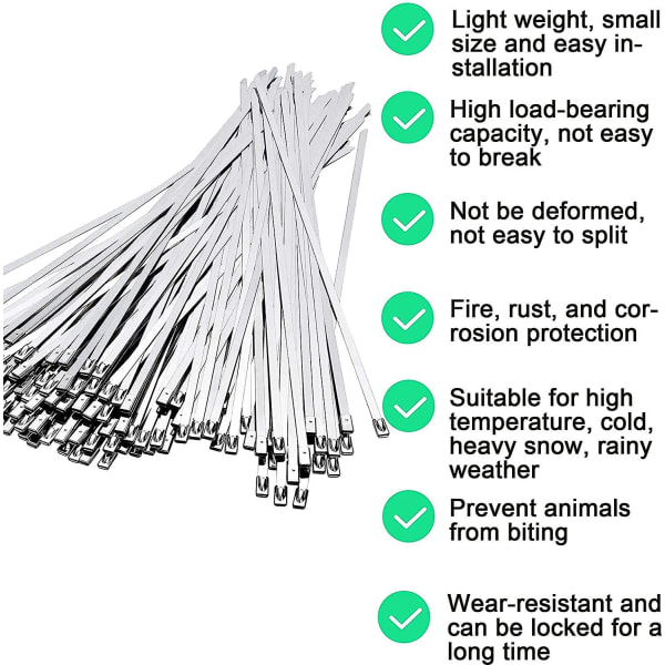 100 st buntband i rostfritt stål, 300 mm 4,6 mm buntband i rostfritt stål, buntband i rostfritt stål for avgaslindning, buntade kablar, underhåll