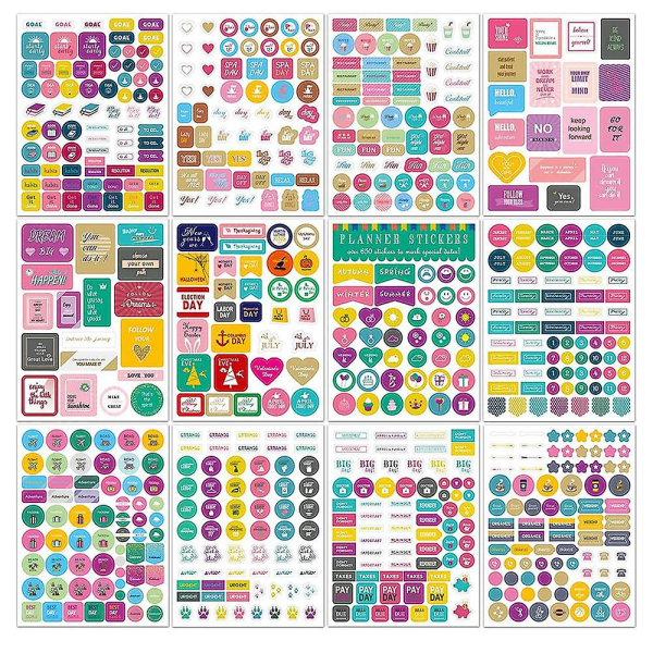 12 ark Planer Stickers Månatliga flikar för Gör-det-själv-kalender, Weekly Daily Planner Stickers Work Planni ([HK])