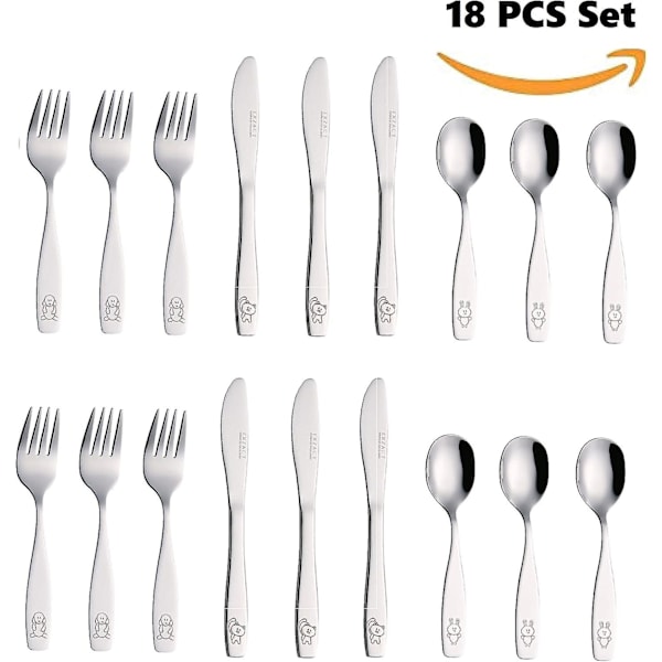Exzact Barnbestikksett 18 deler Rustfritt Stål Barnbestikk/Småbarnsbestikk/Bestikk - 6 x Gaffler, 6 x Sikre Kniver, 6 x