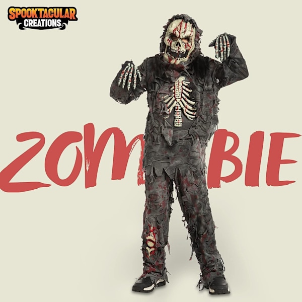 Skummel svart zombie-drakt for barn X-Large (12-14yrs)