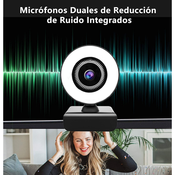 Webcam med mikrofon til pc og lysring, HD webcam med stativ