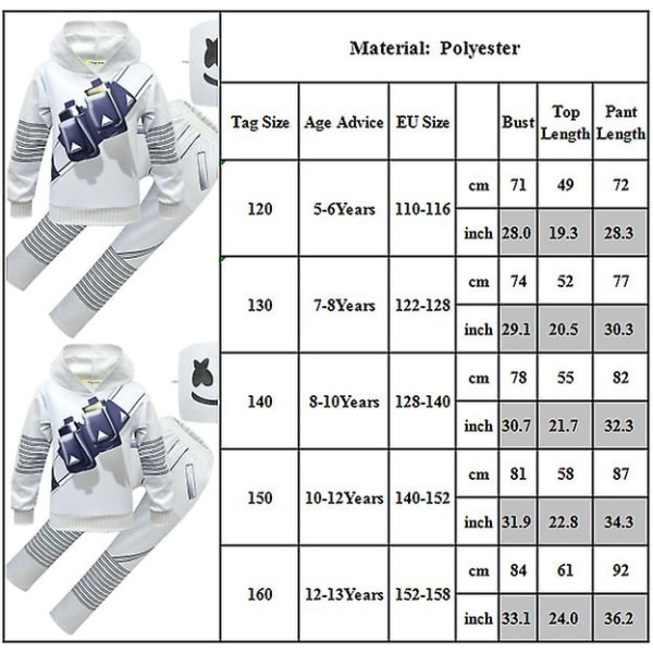 Pojkar Barn Marshmello DJ Mask Hoodies+Byxor Set Karneval Party Cosplay Kostym -hg 8-10 År