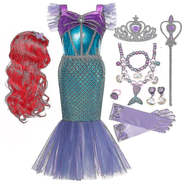 Meisje Prinses Kleine Zeemeermin Ariel Klänning Barn Charm Kostuum Kinderen Carnaval Verjaardag Kleren Zomer Jurk Meisjes 7-8T 4PCS Mermaid Set P