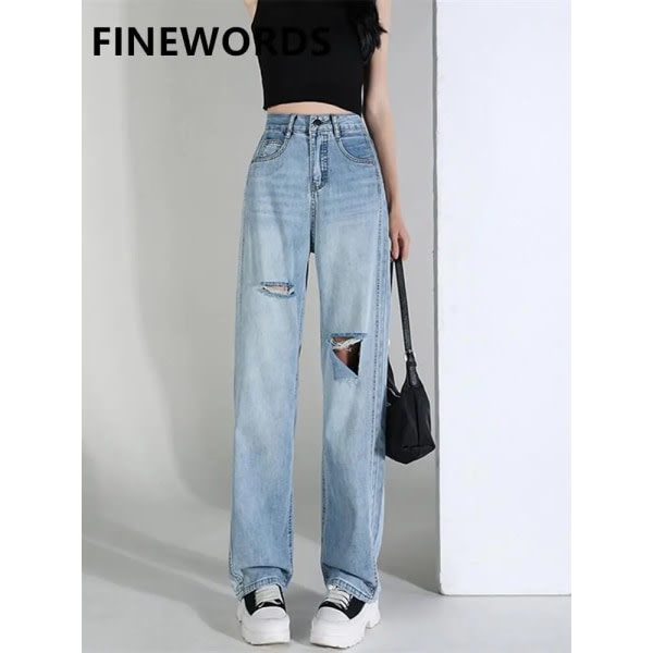 FINORD Mode Vintage vaskead Casual Streetwear Rippade jeans Stort hål Hög midja jeans Dam Streetwear Koreanska lösa jeans Blå XL