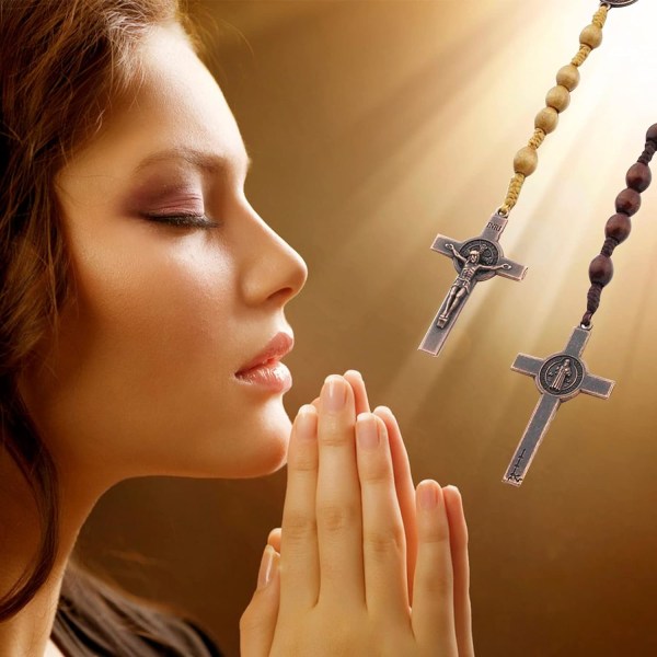 Katolskt kors Rosenkrans halsband, naturliga träbönpärlor kors Light Brown