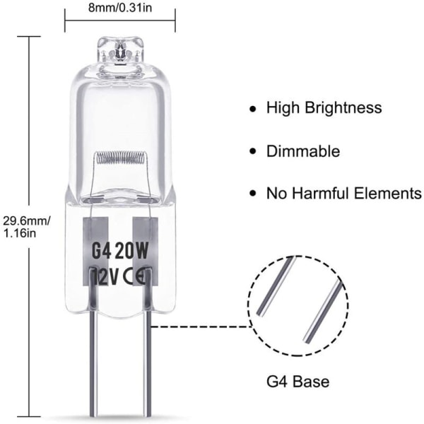 G4 halogeenilamput, 12V 20W halogeenipintainen pohjalamppu,
