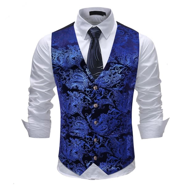 Allthemen Mens V- printed Business Casual Guld Silver Suit Väst Blue 3XL