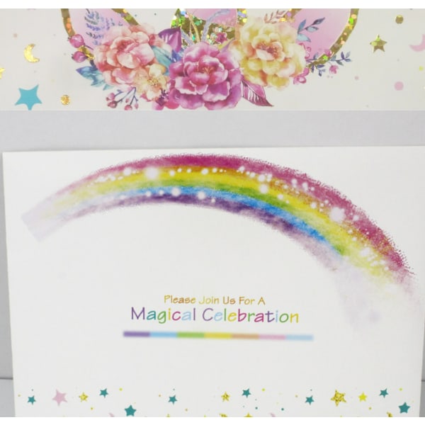 24 leimattua yksisarvisen syntymäpäiväkutsukorttia Rainbow Star -kirjekuorisarja (kortti 2)