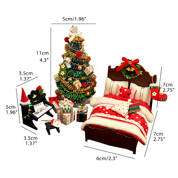 DIY Jul Miniatyrdockhus Kit Realistiskt 3D Hus Rum Hantverk med Säng Täcke Kudde Piano Lampor Julkrans Julgran Julgåva