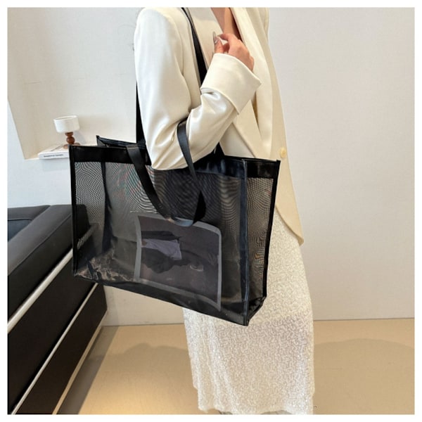 (c) Transparent Strand Nylon Taske Mesh Håndholdt Shoppingtaske SORT Black