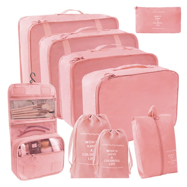 9. enfärgad reselagringsväska Sett Bärbar resväska Kläderpackningsväska for semester Rosa
