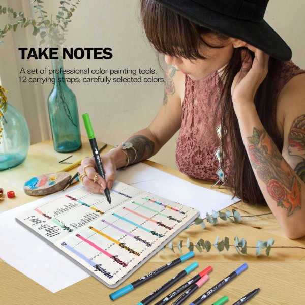 1/2 12 farver Penselpenne med dobbeltspidser Art Markers Set Fine & Pensel 1 Pc