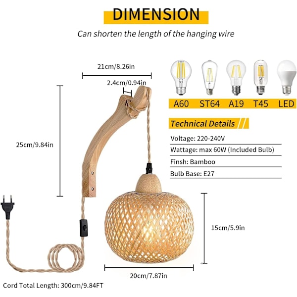 Vintage vägglampa i trä med lamphållare och strömbrytare, E27 retro bambulykta, rotting sänglampa (ingen glödlampa) [Energiklass F] Rattan Lampshade