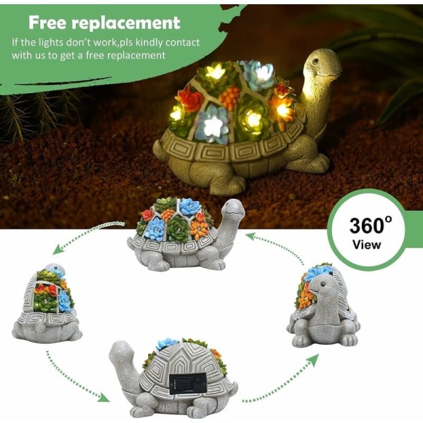 Soldriven sköldpadda Utomhusträdgårdsstaty med suckulentväxter och 7 LED-lampor - Söt uteplats Gräsmattdekorationer Balkong uteplats