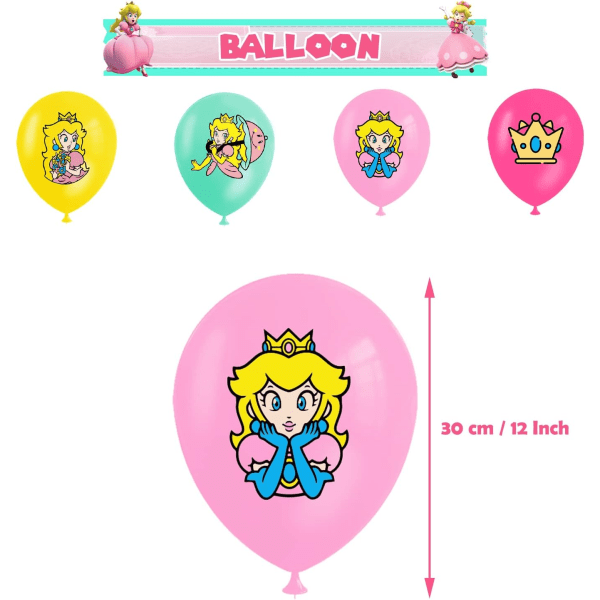 IC Princess Peach bursdagsfestutstyr, bursdagsbannere - kake- og cupcake-toppere - 16 lateksballonger for Princess Peach-festdekorasjoner