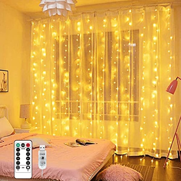 Curtain Fairy Lights - 300 LED Fairy Lights makuuhuoneeseen, 3m x 3m kaukosäädin 8 tilaa ja vedenpitävä, sisäulkoverho? Valot (lämmin valkoinen)