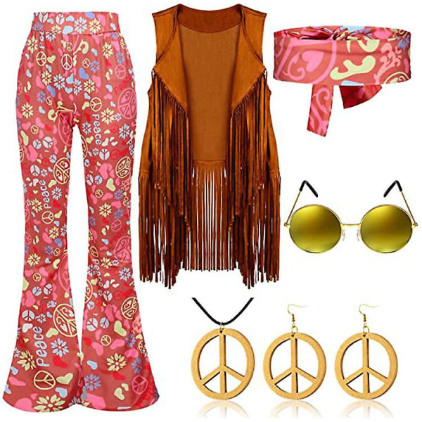70-luvun hippibileet retroasu tupsuliivi+housut+huivi asu vaaleanpunainen L