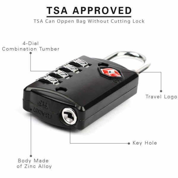 TSA-godkänt lås, 4-siffrigt nummerlås | (Flerfärgad)| - Paket om 3