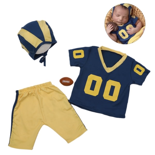 Nyfödd dräkt amerikansk fotboll Fotografi Kläder Rugbyuniform T-skjorte Hatt Byxor Fotografering rekvisita Babyfoto kostym