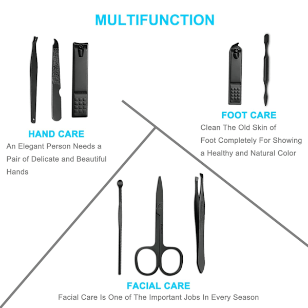 8 stk Premium Manikyrsett, Negleklipper, Pedikyrsett, Rustfritt Stål Ansikts-, Neglebånds-, Neglepleieverktøy