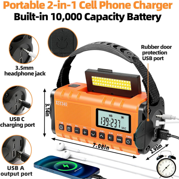 Nödradio, NOAA Vädervarning, Solhandvev AM/FM Radio för Överlevnad, 10000MAH Uppladdningsbart Batteridriven Radio, Klocka SOS Alarm & Ficklampa Orange
