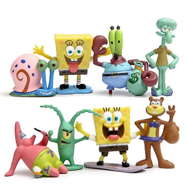 SpongeBob SquarePants Sæt med 8 - Squidward, Sandy Cheeks, Patrick Star, Mr. Krabs, Plankten - Dekoration til børns fødselsdagskagegaver