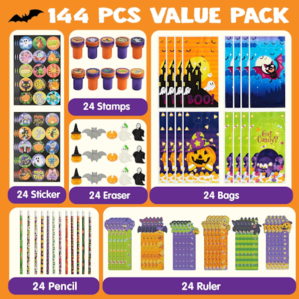 144 delar 24-pack blandade Halloween-tema kontorsmaterial barn presentset Trick Treat pris fest present leksak