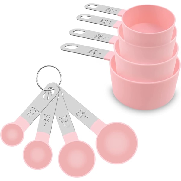 Mätkopp och set, 8 delar klassiska mätskedar i rostfritt stål med plasthuvud för torra och flytande ingredienser (rosa)
