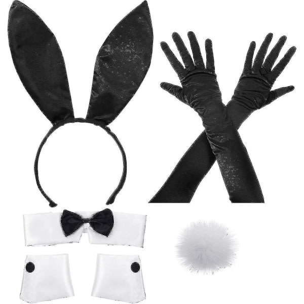 Sett med kaninöra pannband, krage rosett, manschetter, långa svarta handskar och kanin svans