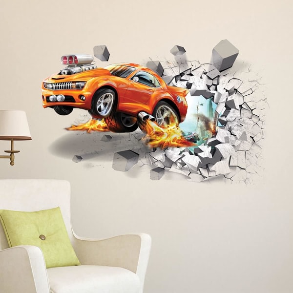 3D Fire Car Wall Sticker Decal, Crack Hole Fire Car Wall Art Deca