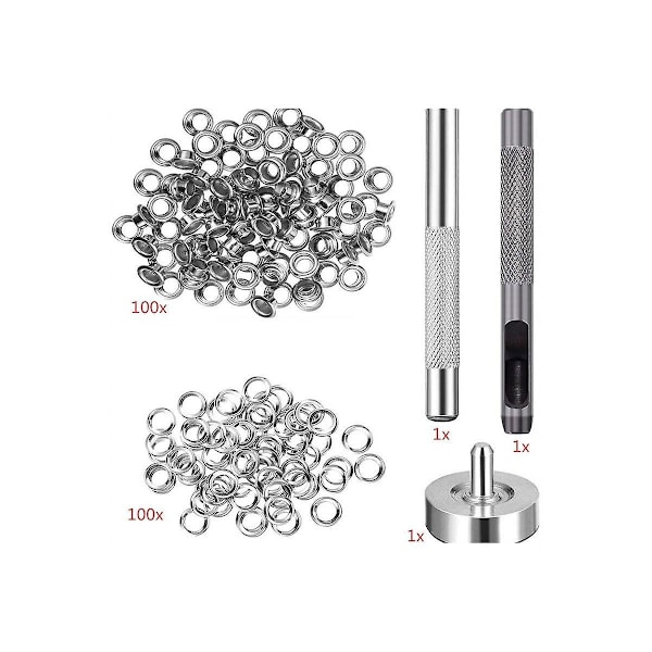 100 st Metalliska Öljetter Set 6 mm Öljettringar Kit med Monteringsslagstång för DIY-tillbehör Läderhantverk Klädreparation