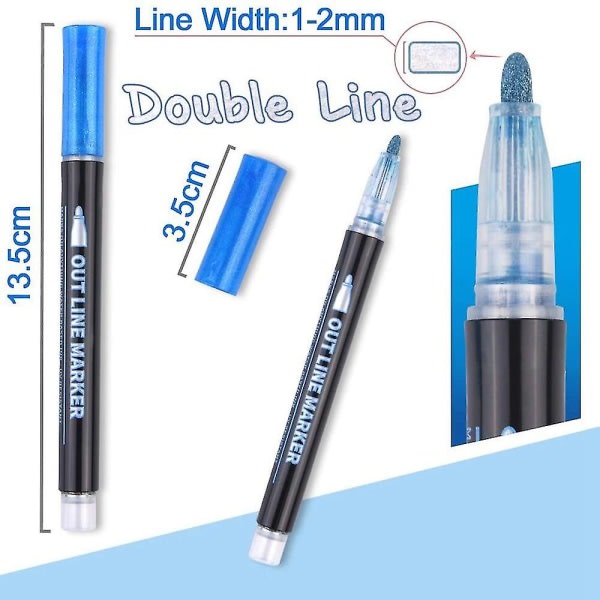 Dobbel linje kontur penner 12 farger kontur metalliske markører Glitter kontur penner Skriving Tegning Pe