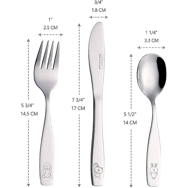 Exzact Barnbestikksett 18 deler Rustfritt Stål Barnbestikk/Småbarnsbestikk/Bestikk - 6 x Gaffler, 6 x Sikre Kniver, 6 x