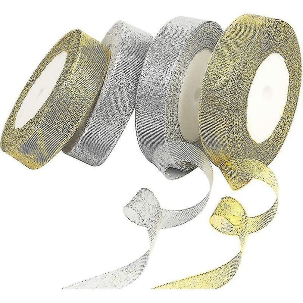 4st Organza Ribbon presentrulle, glänsande band Rulldekoration guld og sølv