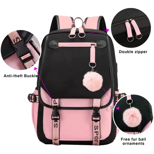 Juniorrygsæk til piger Middle School School Taske Outdoor Day Bag, veldesignet, praktisk og komfortabel skoletaske (Sort Mix Powder)