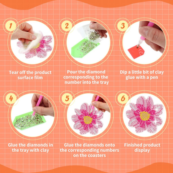 Diamantmålning Underlägg med Hållare, Diamantkonst Underlägg Kit för Nybörjare, Liten Diamantmålning Kit Konst Hantverksmaterial (6 st Blomma)